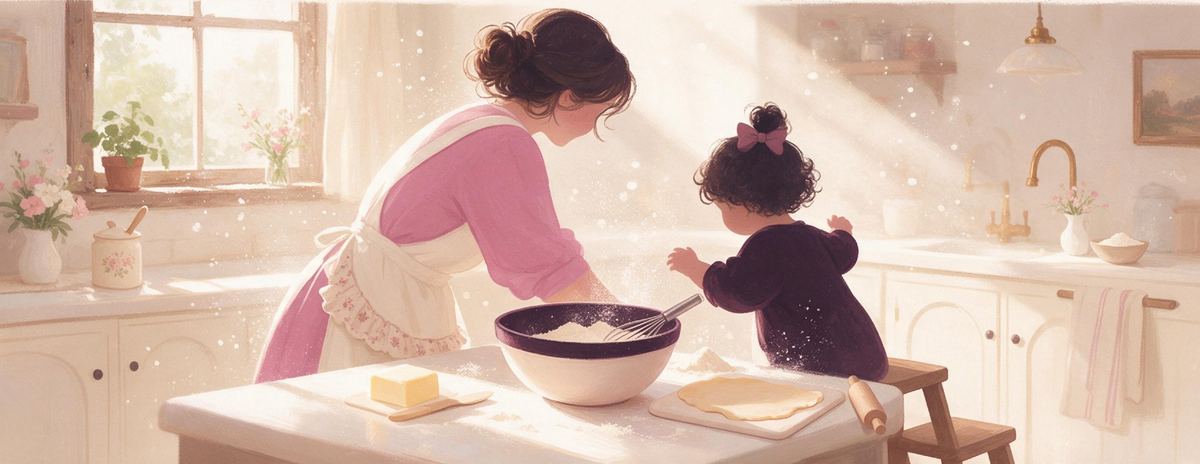 A mother and child baking together in a sunlit kitchen